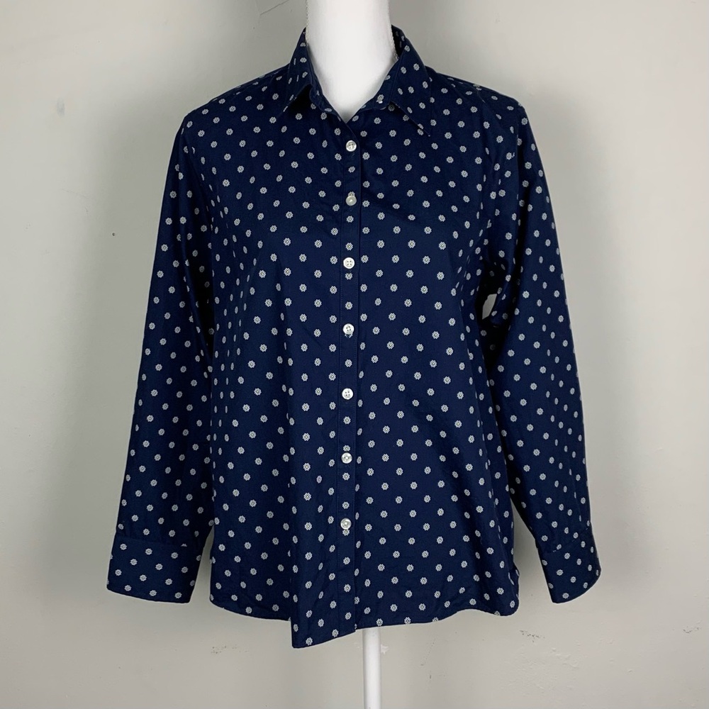 Lands End Women Non Iron Supima Cotton Blouse Button Up Daisy Floral Petite 16P